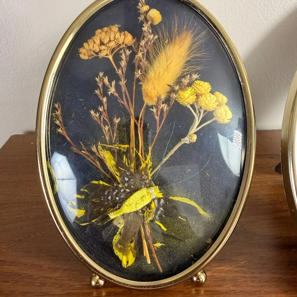 Vintage Oval Brass Shadow Box Set of 3 Dried Flowers Butterflies Cottagecore